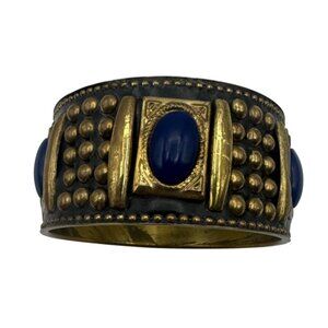 Wide Brass Bangle With Blue Cabochon Accents Egyptian Unique Design